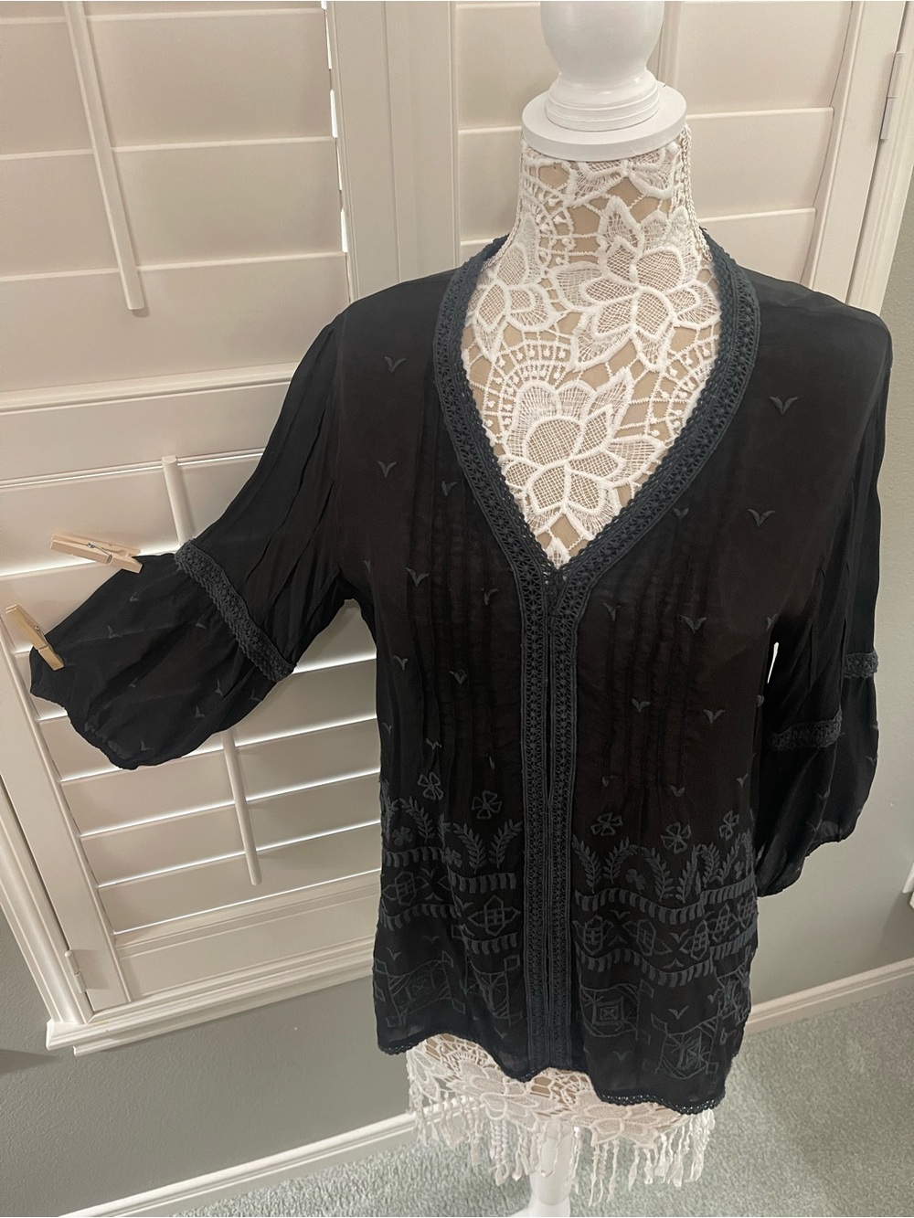 Black V-Neck Embroidered Women's Blouse